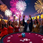Explosion of a prize-winning lottery celebrated with a vibrant casino gathering and fireworks.