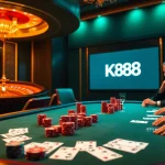 K88 casino scene featuring players at a high-stakes poker table, vibrant chips, and elegant lighting.