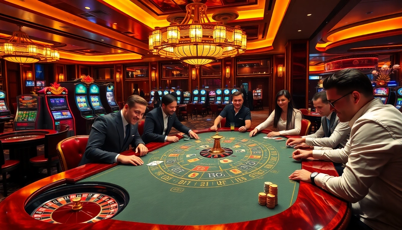 Experience excitement at the j88-themed casino table with vibrant poker and slot action.