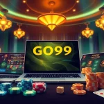 Engage with GO99's online casino interface surrounded by classic gambling elements like poker chips and cards.
