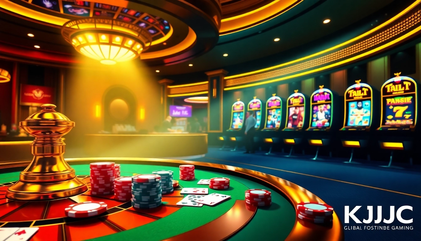 KJC casino experience with vibrant poker chips, exciting roulette, and elegant slot machines.