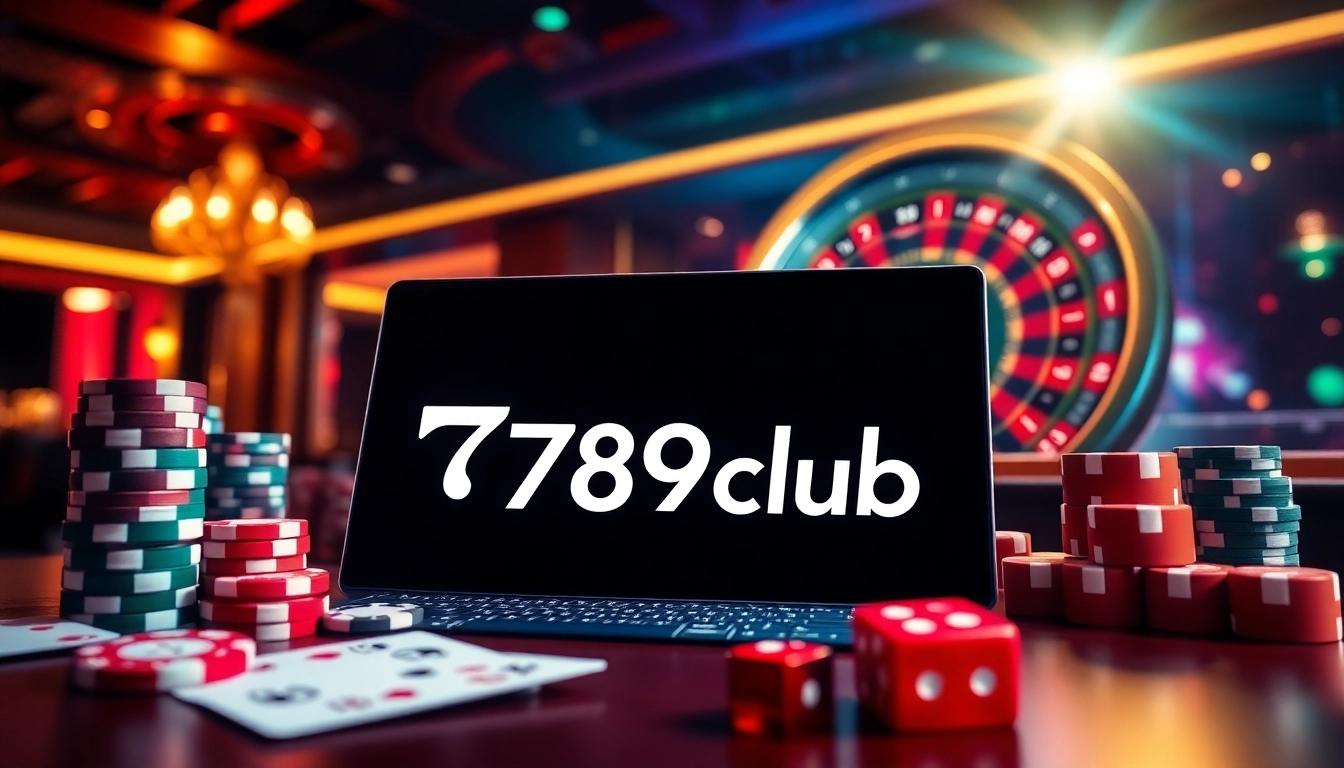 Engaging visual of 789club's online casino experience with poker elements and vibrant gaming atmosphere.