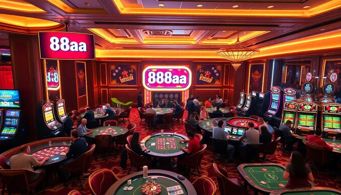 Gambling at 88aa casino with vibrant tables and players enjoying their favorite games.