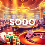 SODO Casino - Engage in an exhilarating gaming experience at a luxurious casino table with vibrant chips and cards.