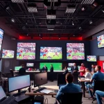 Captivating sports broadcasting studio showcasing live games on multiple screens.