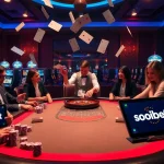 Players enjoy an exhilarating poker game at Soibet ไทย casino, with vibrant lights and action-packed atmosphere.