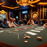 Players excitedly enjoy a game at 999BET's luxurious casino table with chips and cards.