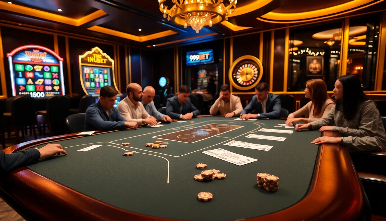 Players excitedly enjoy a game at 999BET's luxurious casino table with chips and cards.