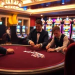 Exciting OKFUN casino scene with vibrant poker table and colorful slot machines.