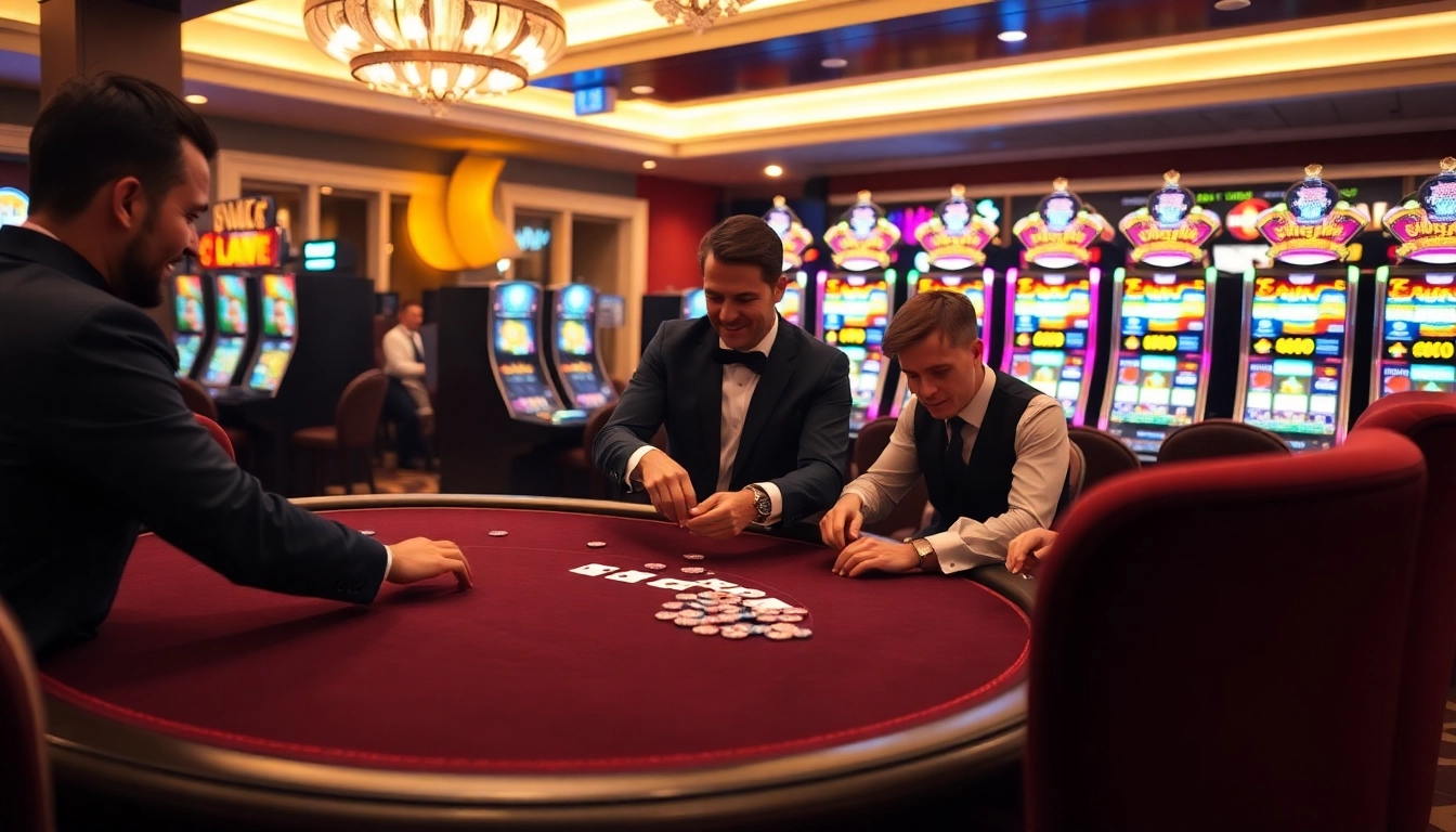 Exciting OKFUN casino scene with vibrant poker table and colorful slot machines.