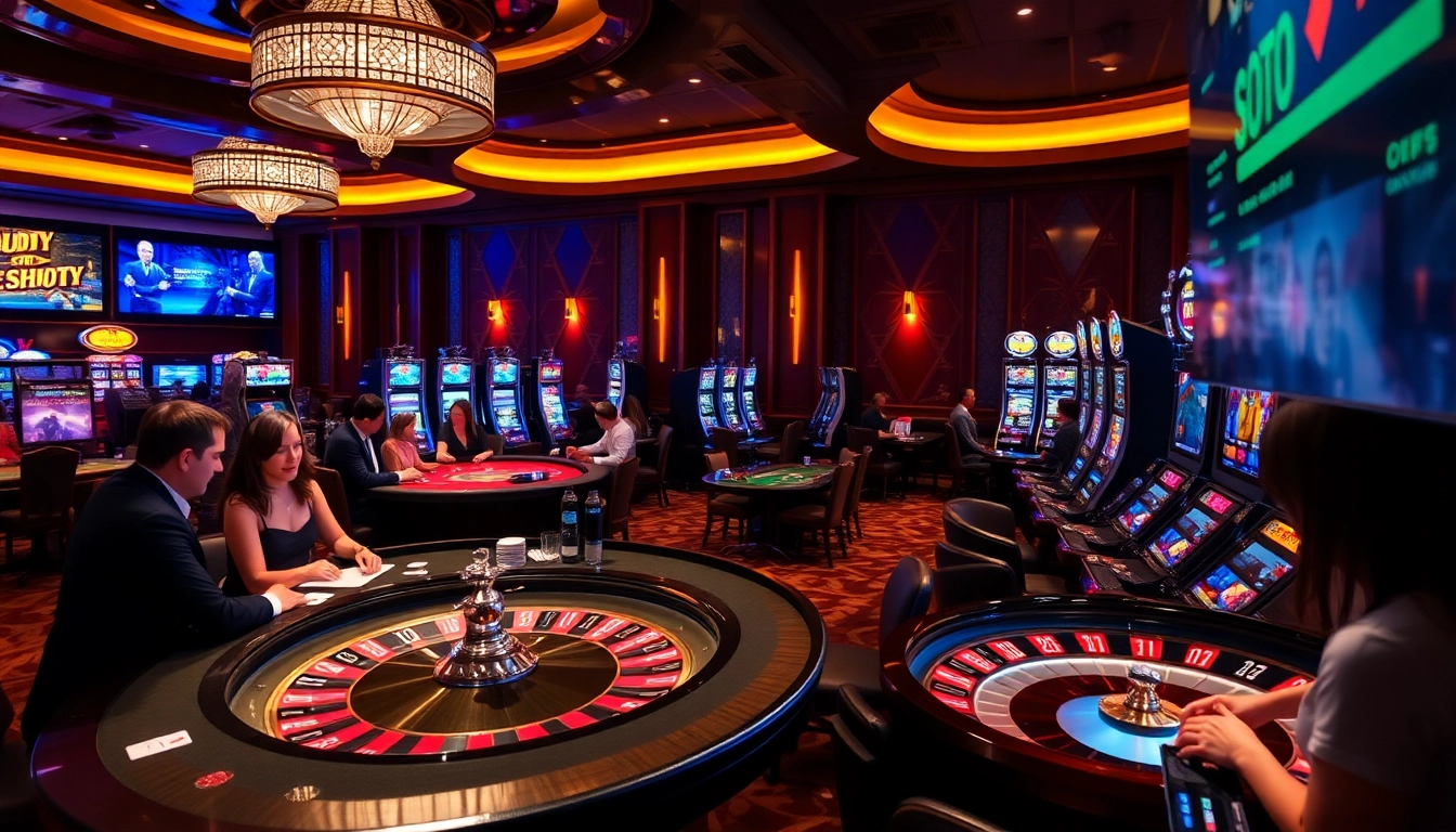 Players enjoying games of chance at SODO Casino, surrounded by vibrant slot machines and roulette tables.