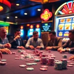 Excited players strategizing around a poker table at tg88 casino, illuminated by golden lights.