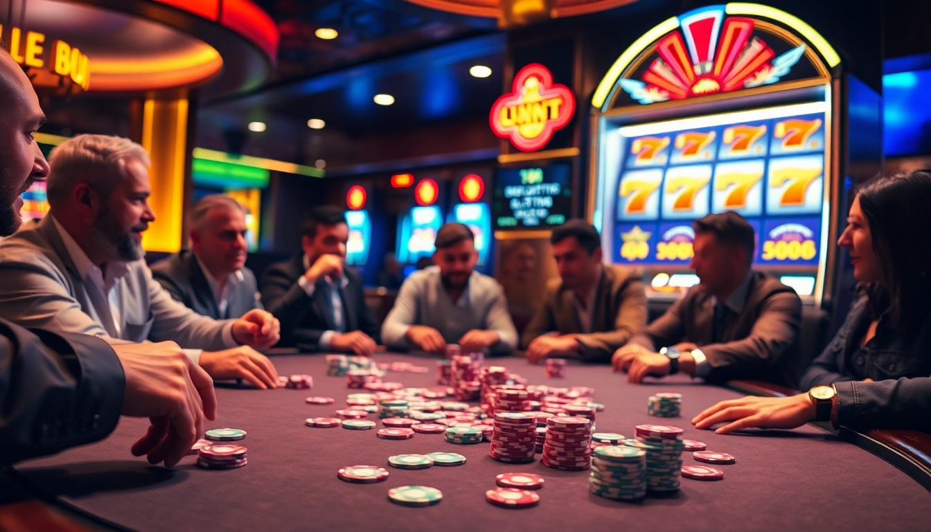 Excited players strategizing around a poker table at tg88 casino, illuminated by golden lights.