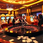 Players enjoying high-stakes betting at a luxurious Rikvip casino featuring roulette and slot machines.
