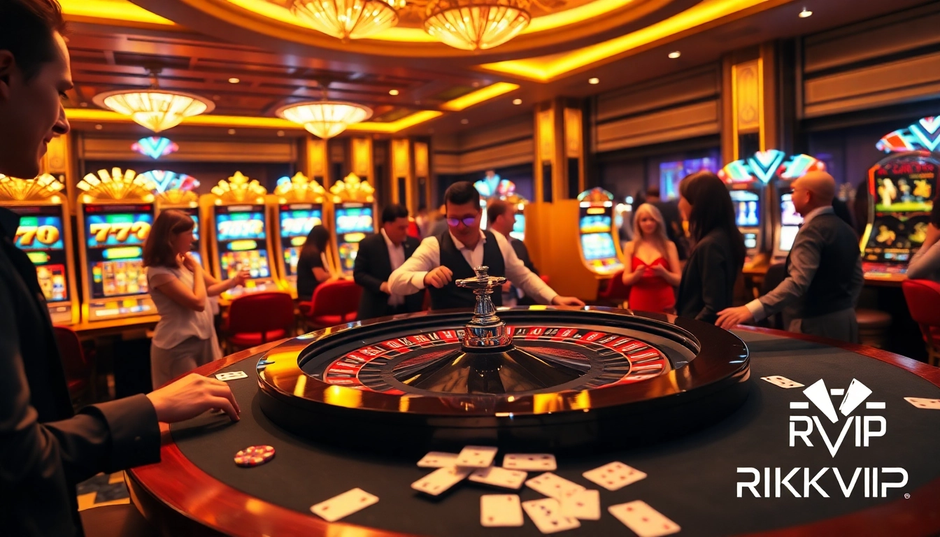 Players enjoying high-stakes betting at a luxurious Rikvip casino featuring roulette and slot machines.