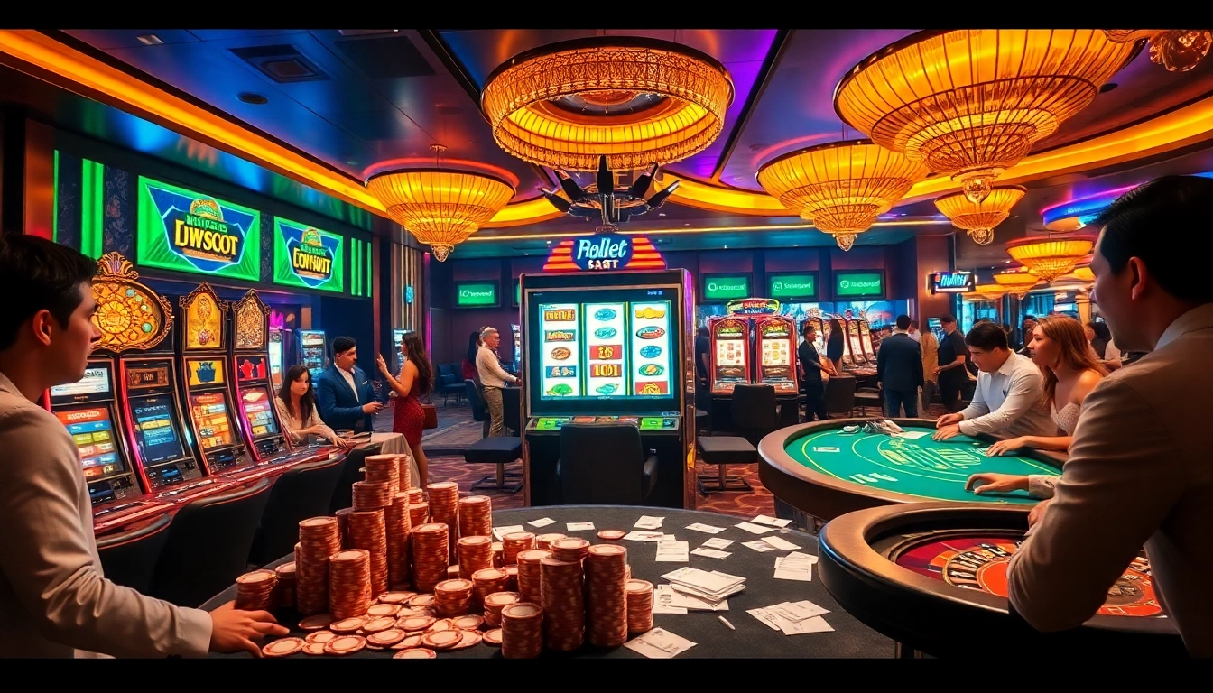 Experience thrilling slots at idnslot in a vibrant casino atmosphere with players enjoying their games.