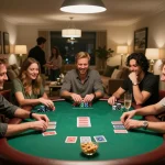 Players engaged in a vibrant home poker game, showcasing enhanced gaming experience at https://mk8th.net/ with fun competitive spirit.