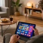 Engaging in the Jogoluck online gaming experience on a tablet in a cozy home.