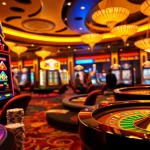Engaging gamblers at a vibrant Pocket Games Soft slot machine in a luxurious casino.