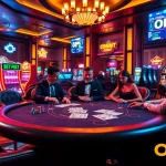 Engaging poker game at OKFUN casino with luxurious atmosphere and vibrant betting elements.