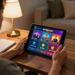 Engaging in an online casino game with luck 8 displayed on the screen in a cozy home atmosphere.