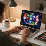 Engaging in online gaming with Jeetbuzz 88 on a laptop at home while enjoying a cozy atmosphere