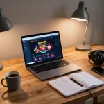 Engage with open88 online casino gaming from a cozy home office setup, showcasing strategic gameplay and comfort.