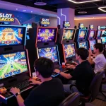 SLOT GACOR players enjoying an engaging gaming environment, with bright lights and excitement.