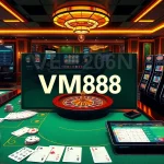 Engaging VM88 online casino interface displaying poker chips, cards, roulette wheel, and slots in a luxurious setting