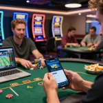 Diverse gamblers enjoying online gaming at tv88 com in a modern lounge.