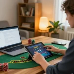 VIN88 player engaging in live dealer blackjack at home, showcasing responsible gaming and excitement.
