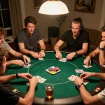 Friends enjoying an exciting game of domino88 poker around a lively home table with cards and snacks.