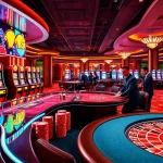 Exciting gambling scene at https://kk55.boutique/ featuring vibrant casino tables, dealers, and slot machines.