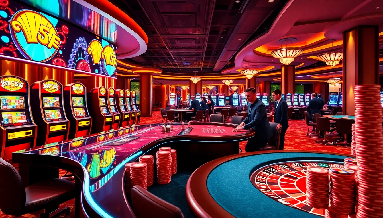 Exciting gambling scene at https://kk55.boutique/ featuring vibrant casino tables, dealers, and slot machines.