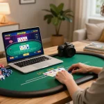 nk88 player engaging in online casino gaming at home, vibrant atmosphere with laptop and poker chips