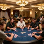Players engaged at the VIP poker table in 100VIP casino under warm ambient lighting, showcasing high-stakes action