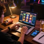 Player interacting with LV88 online casino game on laptop screen during cozy gaming session