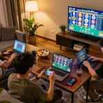 KONG88 players engaging in exciting online casino gameplay at home, showcasing dynamic game interface and personal gaming setup.