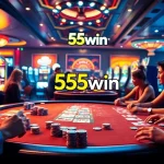 Engaging gamblers at the 555win poker table with vibrant chips and cards.