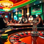 Permainan agen bola sbobet yang penuh energi di kasino, menunjukkan roda roulette dan pemain yang terlibat.
