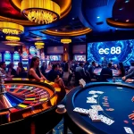 Exciting gameplay at ee88 casino with vibrant slot machines and a roulette wheel.