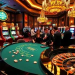 Luxury casino scene with NK88 branding, players at blackjack table, and colorful slot machines.