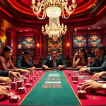 High-stakes players engrossed at the J88 poker table, surrounded by vibrant chips and elegance.