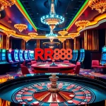 Experience the excitement of winning at RR88 with a dynamic casino scene featuring roulette and poker.
