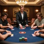 TOPBET players celebrating a win at a high-stakes poker game in a luxury casino setting.