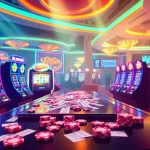 Sebuah adegan yang mendebarkan menggambarkan aman788 slot gacor dengan mesin slot yang cerah dan chip poker, menggoda para penjudi online.