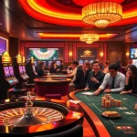 Engaging online gambling scene at https://98win3h.io/ featuring vibrant slot machines and poker tables.