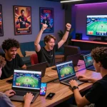 Friends enjoying SC88 online gaming experience, celebrating wins in a vibrant lounge atmosphere.