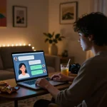 Engaging in porn AI chat with a digital companion in a cozy virtual setting.