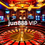 Experience exclusive gameplay at jun88 vip with a glamorous casino setting featuring roulette and poker tables.